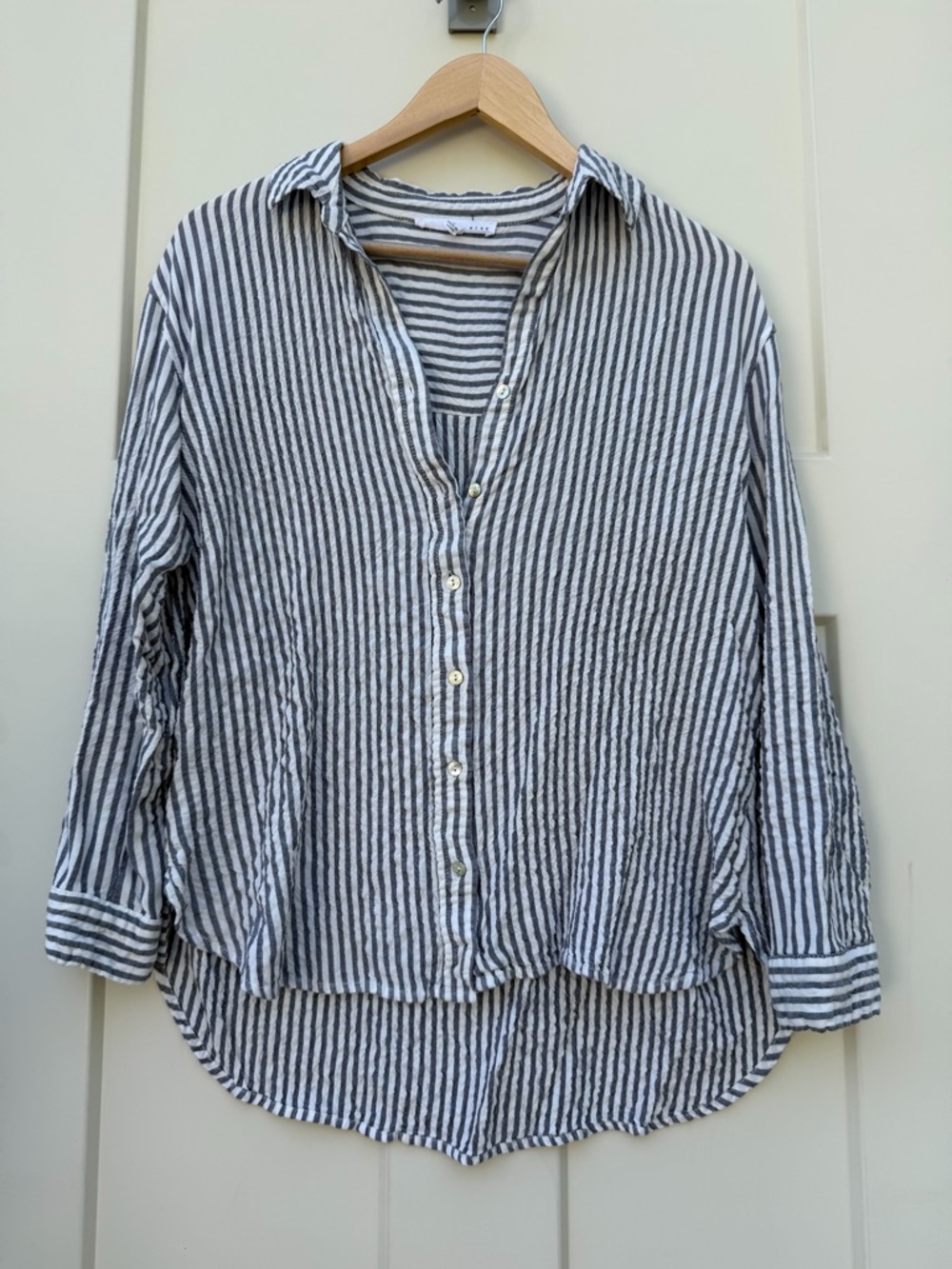 Jane and Delancey Navy and White Striped Coastal Relaxed Button-Up Shirt Large